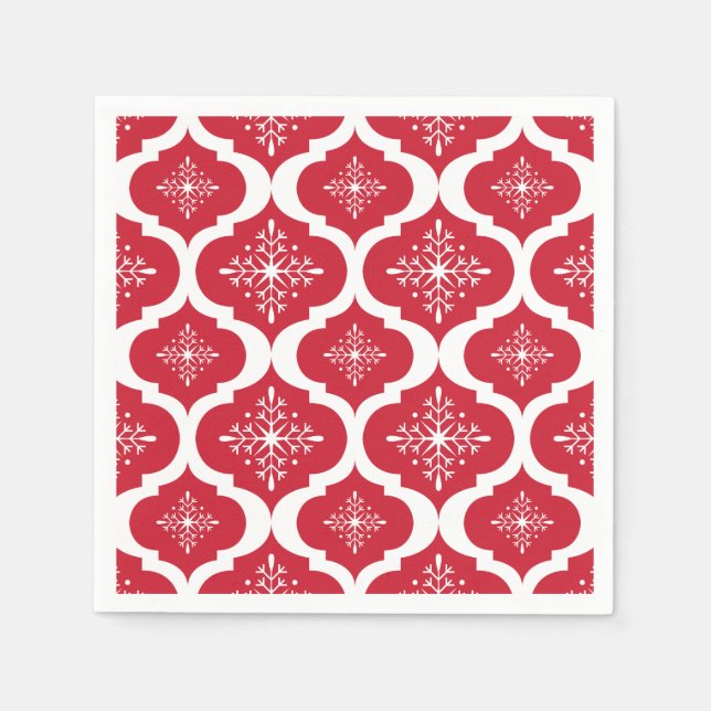 Christmas Red White Snowflakes Lattice Pattern Napkin (Front)