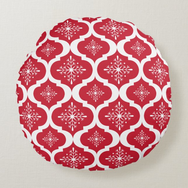 Christmas Red White Snowflakes Lattice Pattern Round Pillow (Front)