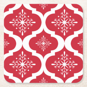 Christmas Red White Snowflakes Lattice Pattern Square Paper Coaster