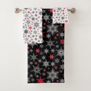 Christmas, red, white, snowflakes, winter bath towel set