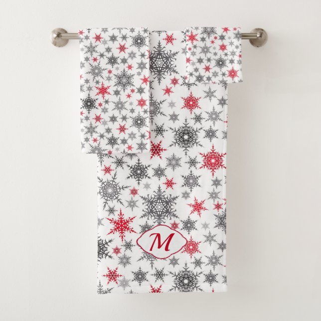 Christmas, red, white, snowflakes, winter, New yea Bath Towel Set (Insitu)