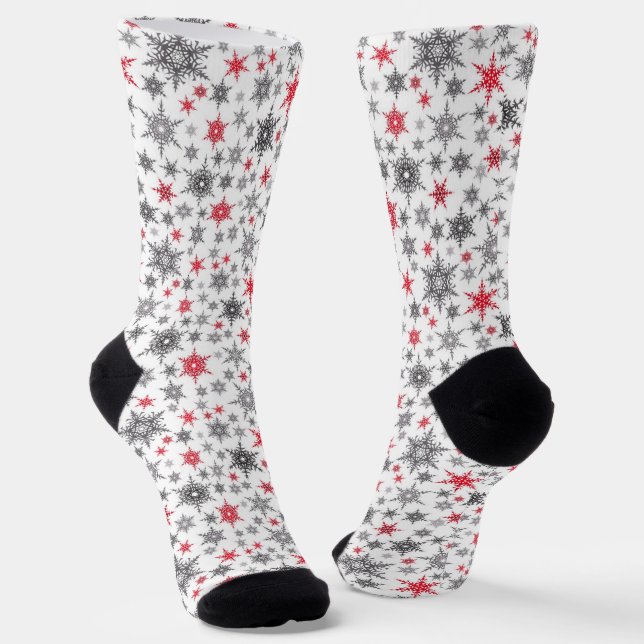 Christmas, red, white, snowflakes, winter, New yea Socks (Angled)
