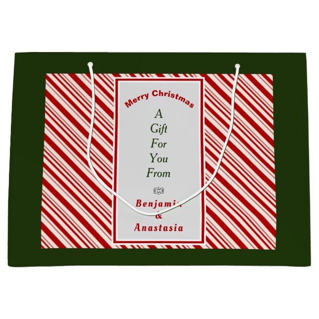 Christmas Red White Stripes Holidays Personalize  Large Gift Bag (Front)