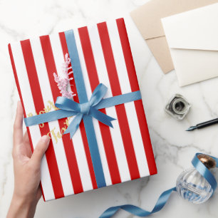 Christmas Red White Stripes Pattern Faux Gold Text Wrapping Paper