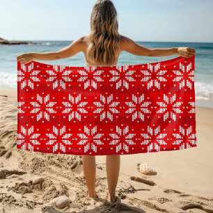 Christmas Red White Winter Holiday Knit Snowflakes Beach Towel