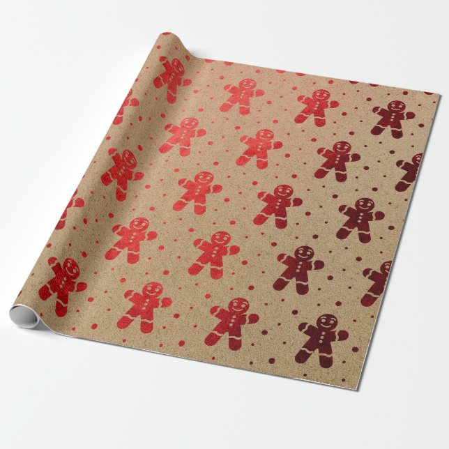 Christmas Red Wine Gingerbread Man Kraft Wrapping Paper (Unrolled)