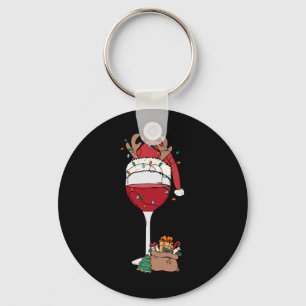 Christmas Red Wine Gl Santa Hat Reindeer Fun Xmas Keychain
