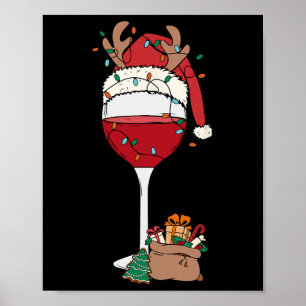 Christmas Red Wine Gl Santa Hat Reindeer Fun Xmas Poster