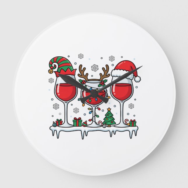 Christmas Red Wine Glasses Holiday Vector Large Clock (Front)