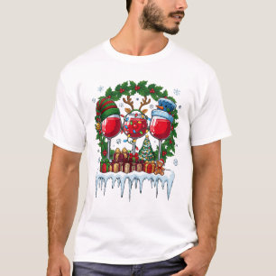 Christmas Red Wine Glasses Holly Wreath Snowman Ha T-Shirt