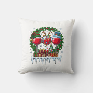 Christmas Red Wine Glasses Holly Wreath Snowman Ha Throw Pillow