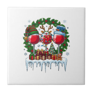 Christmas Red Wine Glasses Holly Wreath Snowman Ha Tile