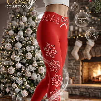 Christmas Red with Bow, Snowflakes and Trees Leggings