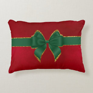 CHRISTMAS RED WITH GREEN & GOLD HOLIDAY BOW ACCENT PILLOW