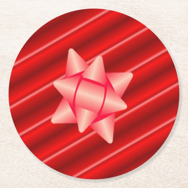 Christmas Red Wrapping with Bow Round Paper Coaster (Front)