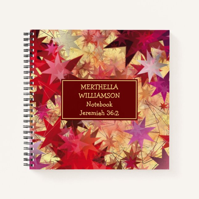 CHRISTMAS Red Yellow Stars Personalized Square Notebook (Front)