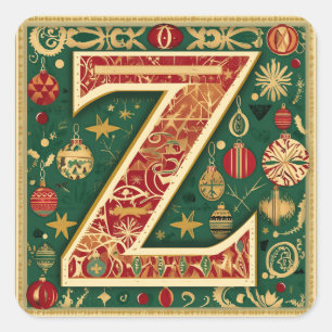   Christmas Red Z with Greenery and Gold Square Sticker