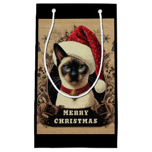 Christmas regal Siamese Cat, Xmas Santa Kitten Small Gift Bag