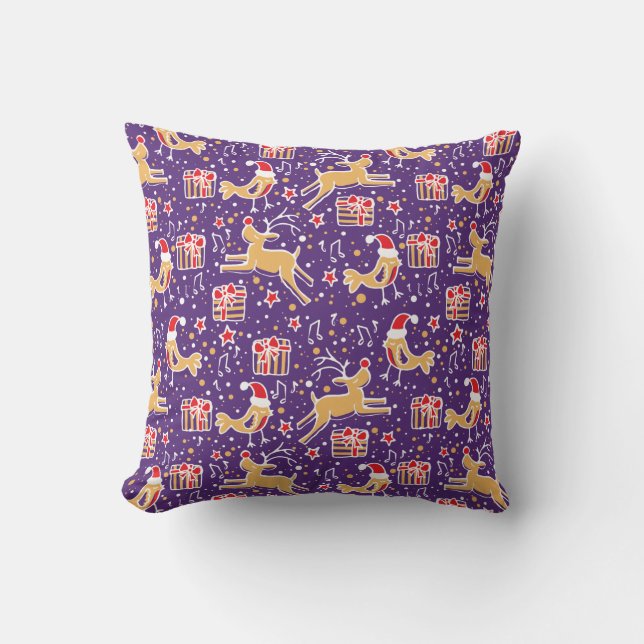 Christmas reindeer and bird purple throw pillow (Front)