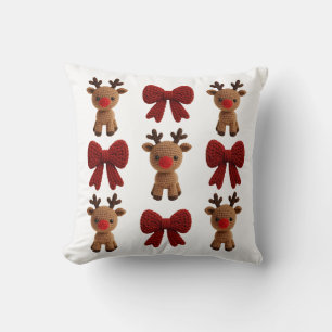 Christmas Reindeer and Bows Coquette yarn Throw Pillow