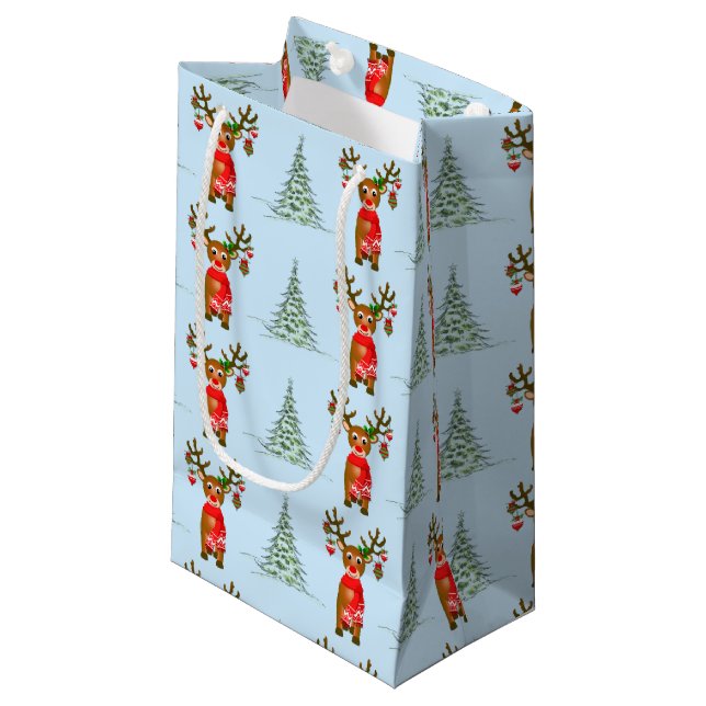 Christmas Reindeer And Pine Trees Gift Bag (Front Angled)