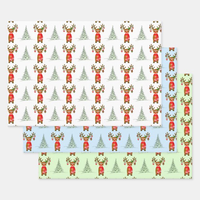 Christmas Reindeer And Pine Trees Wrapping Paper Sheet (Set)