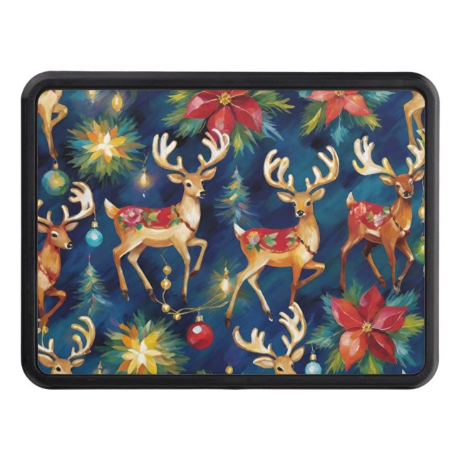 Christmas Reindeer and Poinsettias Navy Trailer Hitch Cover (Front)
