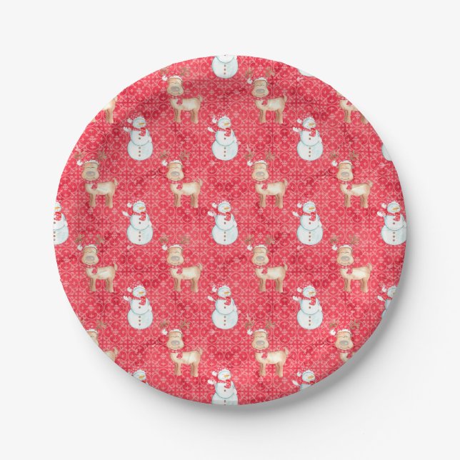 Christmas Reindeer And Snowman Pattern - Red Paper Plate (Front)