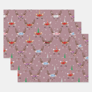 Christmas Reindeer and Unicorns on Pink Wrapping Paper Sheet