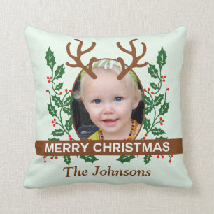 Christmas Reindeer Antlers Personalize Photo Throw Pillow