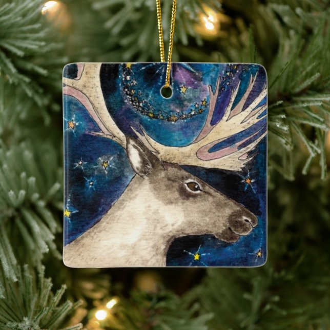 Christmas Reindeer at Night with a Shining Star Ceramic Ornament (Tree)
