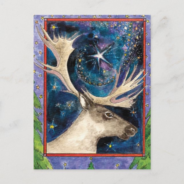 Christmas Reindeer at Night with a Shining Star Holiday Postcard (Front)