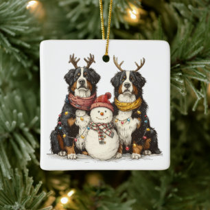 Christmas Reindeer Bernese Mountain Dogs Ceramic Ornament