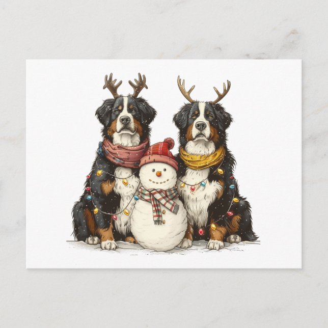 Christmas Reindeer Bernese Mountain Dogs Holiday Postcard (Front)