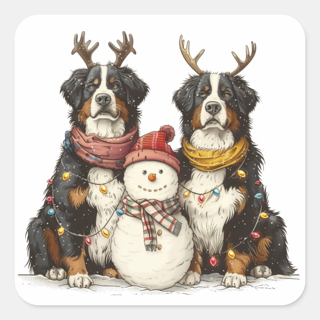 Christmas Reindeer Bernese Mountain Dogs Square Sticker (Front)