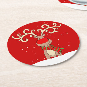 Christmas reindeer big antlers red paper coasters