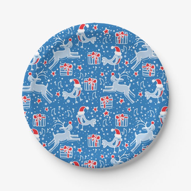 Christmas reindeer bird pattern blue paper plate (Front)