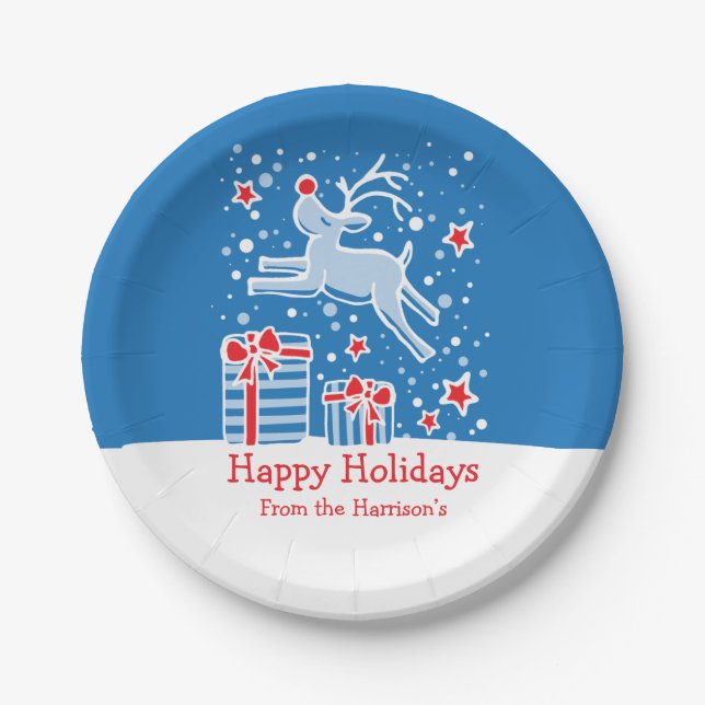 Christmas reindeer bird pattern blue paper plates (Front)
