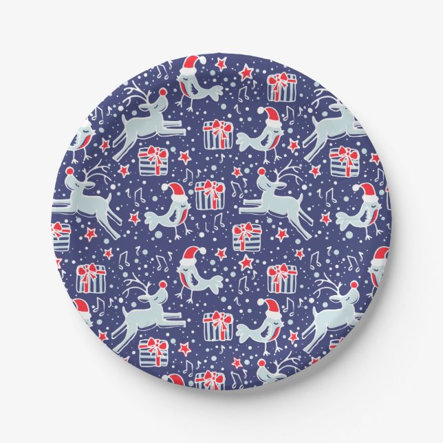Christmas reindeer bird patterned paper plates (Front)