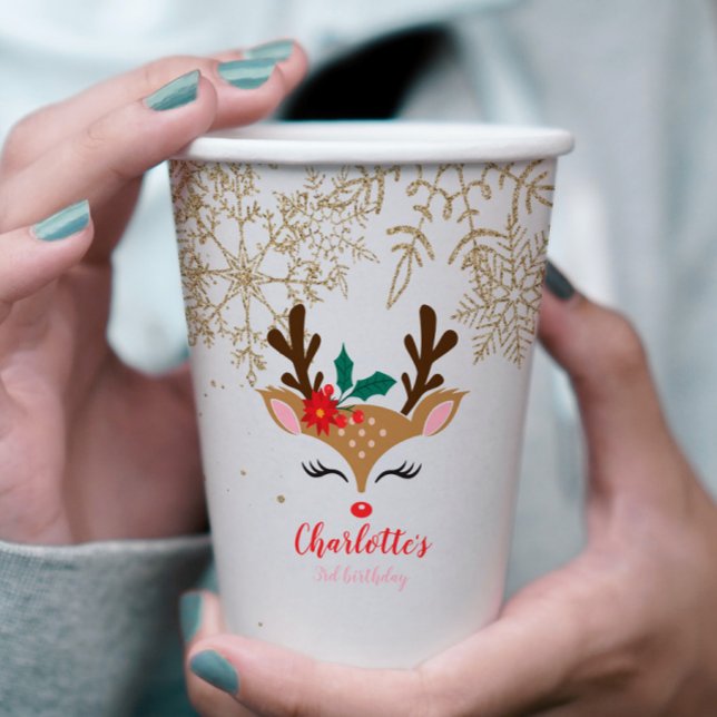 Christmas Reindeer Birthday Gold Snowflakes Paper Cups (Creator Uploaded)