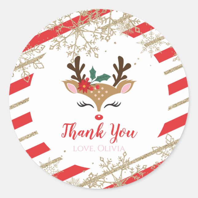 Christmas Reindeer Birthday Gold Snowflakes Stripe Classic Round Sticker (Front)