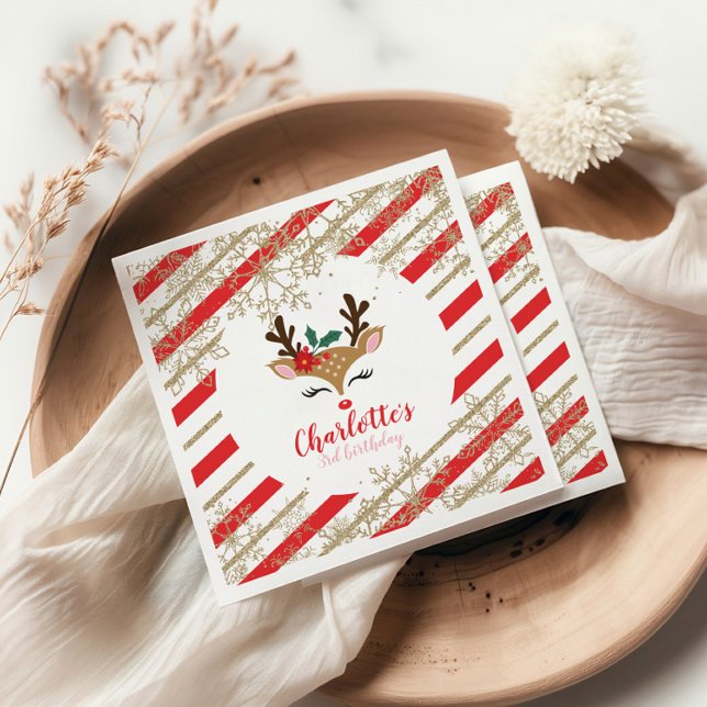 Christmas Reindeer Birthday Gold Snowflakes Stripe Napkin (Creator Uploaded)