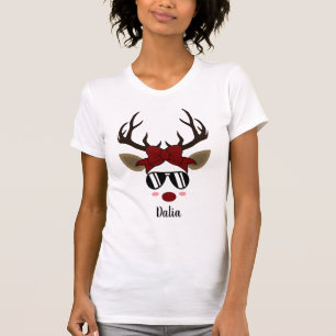 Christmas Reindeer black sunglasses red hair bow T-Shirt