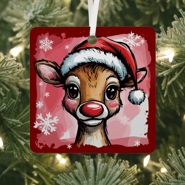 Christmas Reindeer Brushstrokes Preppy Xmas Girly Metal Ornament (Insitu)