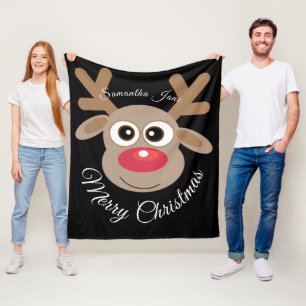 Christmas Reindeer Cartoon Name White Script Black Fleece Blanket