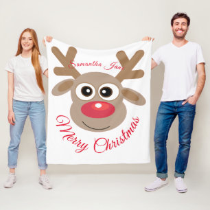 Christmas Reindeer Cartoon Name White Script Fun Fleece Blanket