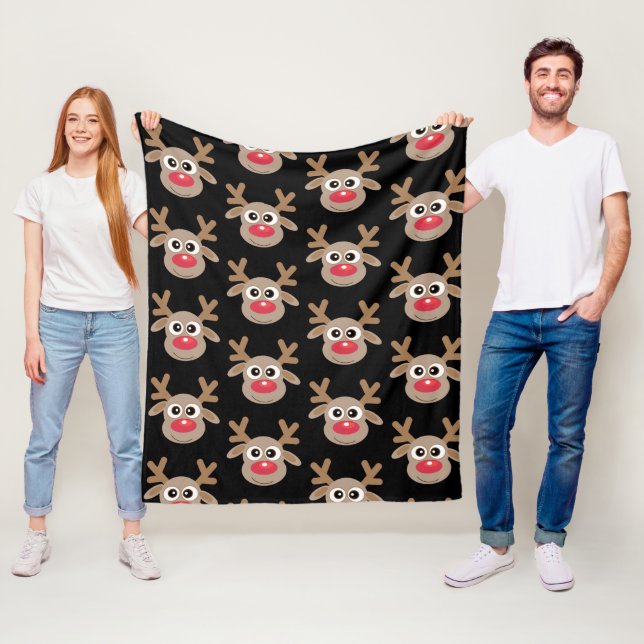 Christmas Reindeer Cartoon Pattern Fun Black Fleece Blanket (In Situ)