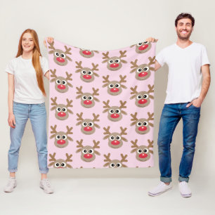 Christmas Reindeer Cartoon Pattern Girly Pink Fleece Blanket