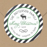 Christmas Reindeer Circle Return Address Label<br><div class="desc">Affordable custom printed round return address stickers personalized with your family name, the year and your return address. This fun design features a striped background, reindeer graphic and modern rustic typography in green, white and charcoal grey colours. The text reads "Merry Christmas" in a trendy script font. Use the design...</div>