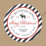 Christmas Reindeer Circle Return Address Label<br><div class="desc">Affordable custom printed round return address stickers personalized with your family name, the year and your return address. This fun design features a striped background, reindeer graphic and modern rustic typography in red, white and charcoal grey colours. The text reads "Merry Christmas" in a trendy script font. Use the design...</div>